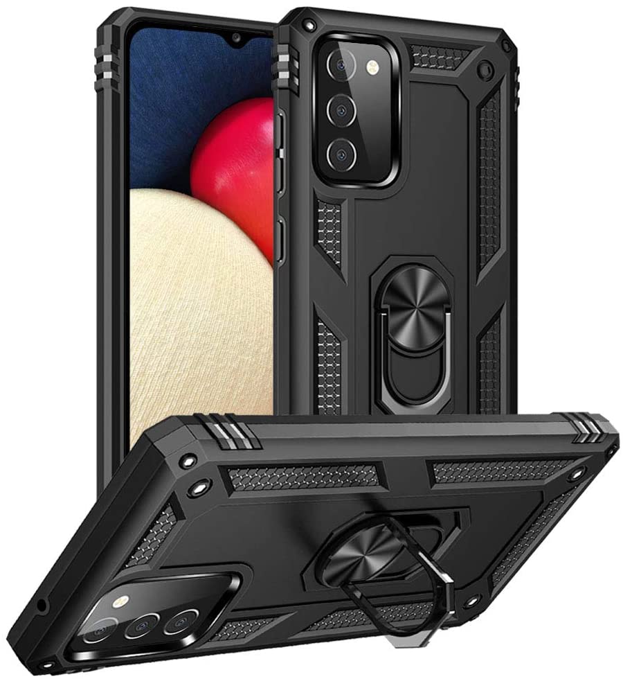 Tech Armor Ring Stand Grip Case with Metal Plate for Samsung Galaxy A02S (Black)